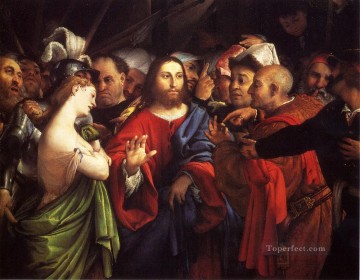 Cristo y la adúltera Renacimiento Lorenzo Lotto Pinturas al óleo